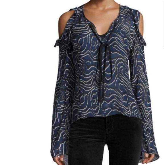 10 Crosby Derek Lam ruffled open shoulder belle sleeve sheer silk blouse blue 2 - Picture 2 of 12